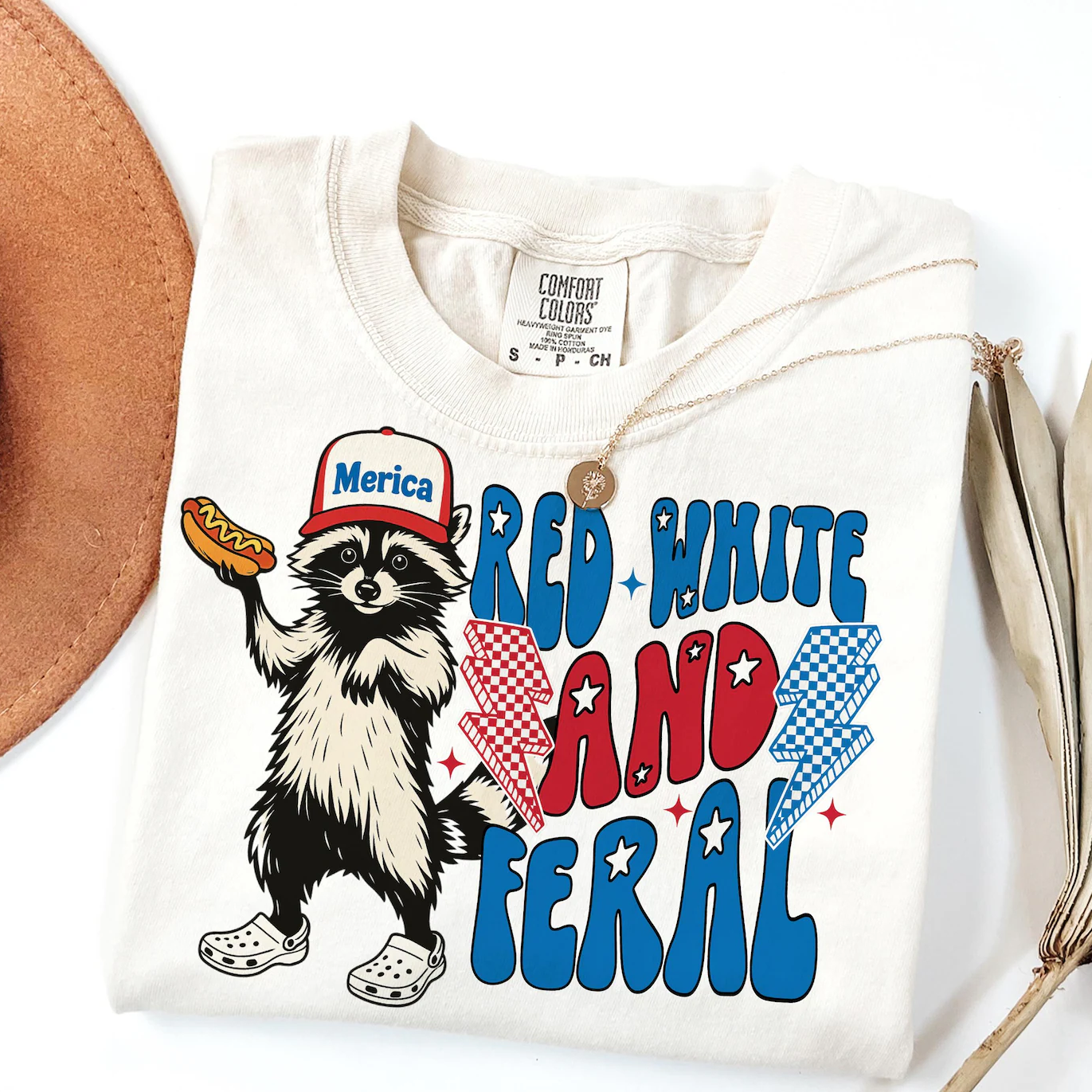 Red White And Feral Funny Raccoon T-shirt