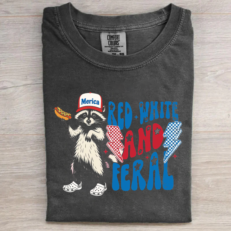 Vintage Red White And Feral Hotdog Raccoon Funny Tee
