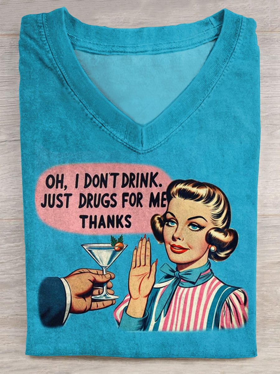 Vintage Funny Art Print V-neck Casual T-Shirt