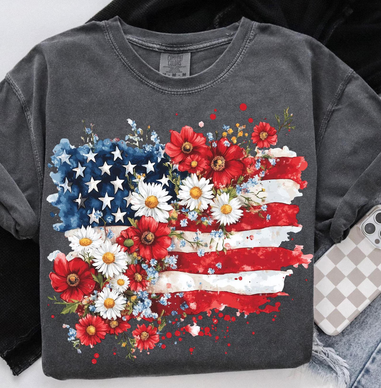 Floral American Flag Retro Patriotic Tee