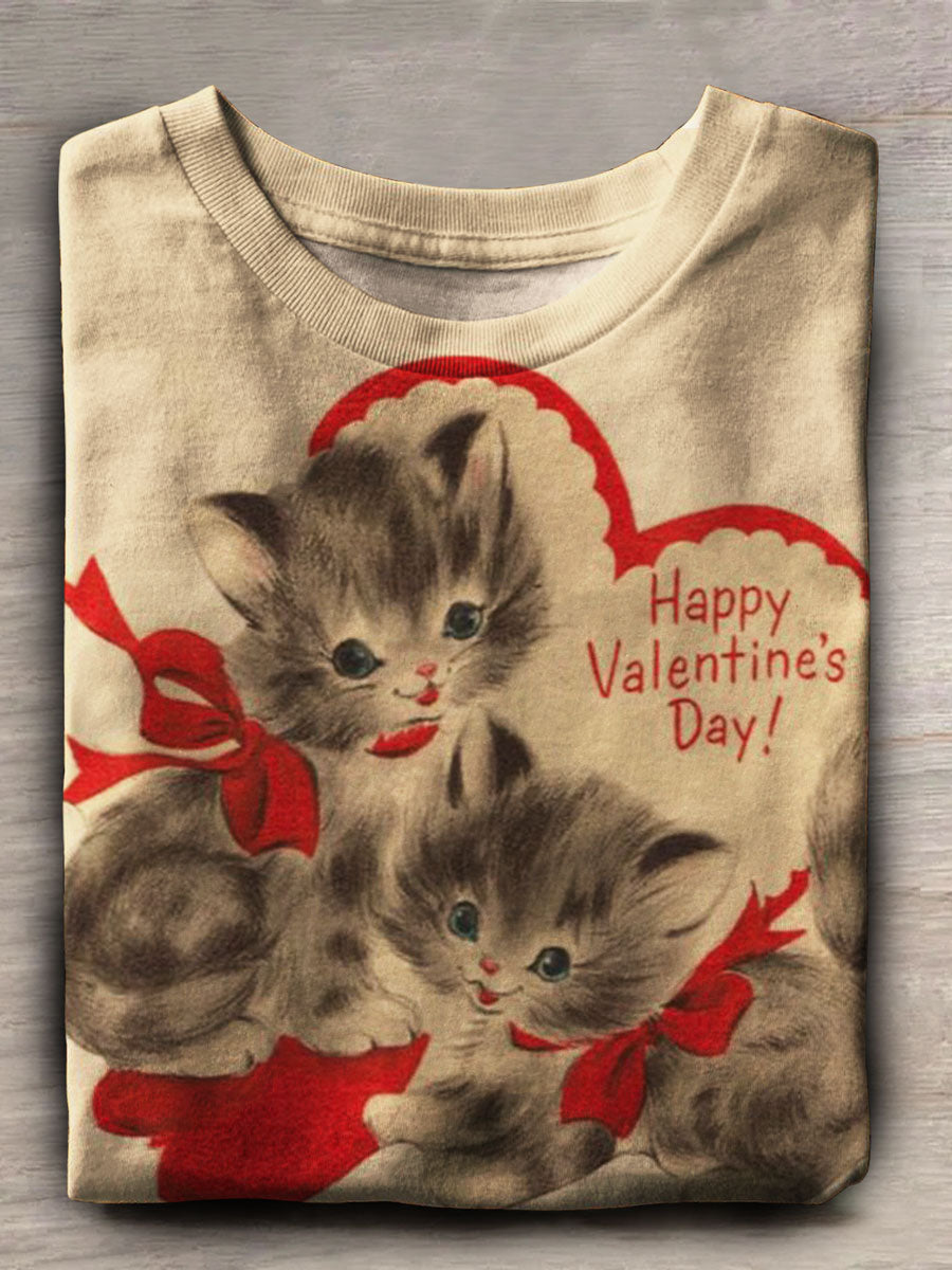 Damen-T-Shirt mit Rundhalsausschnitt und Katzen-Print zum Valentinstag