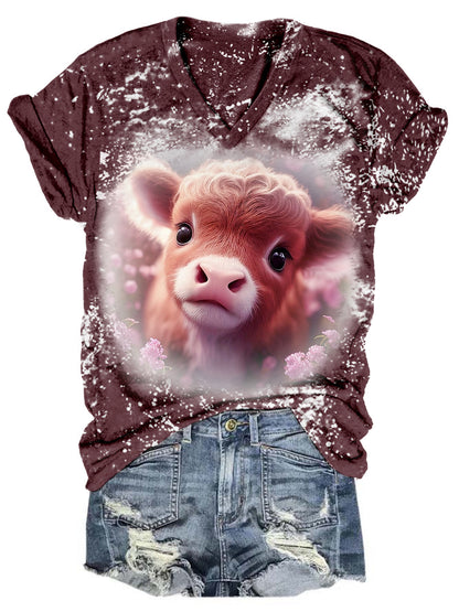 Floral Baby Highland Cow Tie Dye V Neck Casual T-Shirt