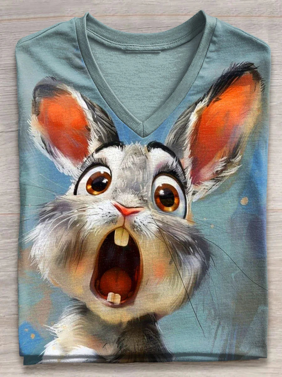 Lässiges T-Shirt mit V-Ausschnitt und süßem Kaninchen-Kunstdruck