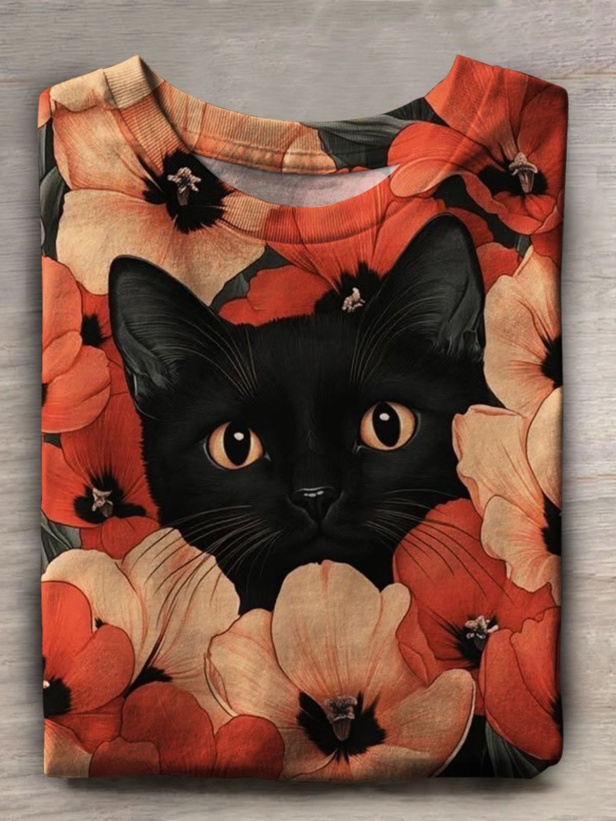 Damen-T-Shirt mit lustigem Katzen-Print und Rundhalsausschnitt