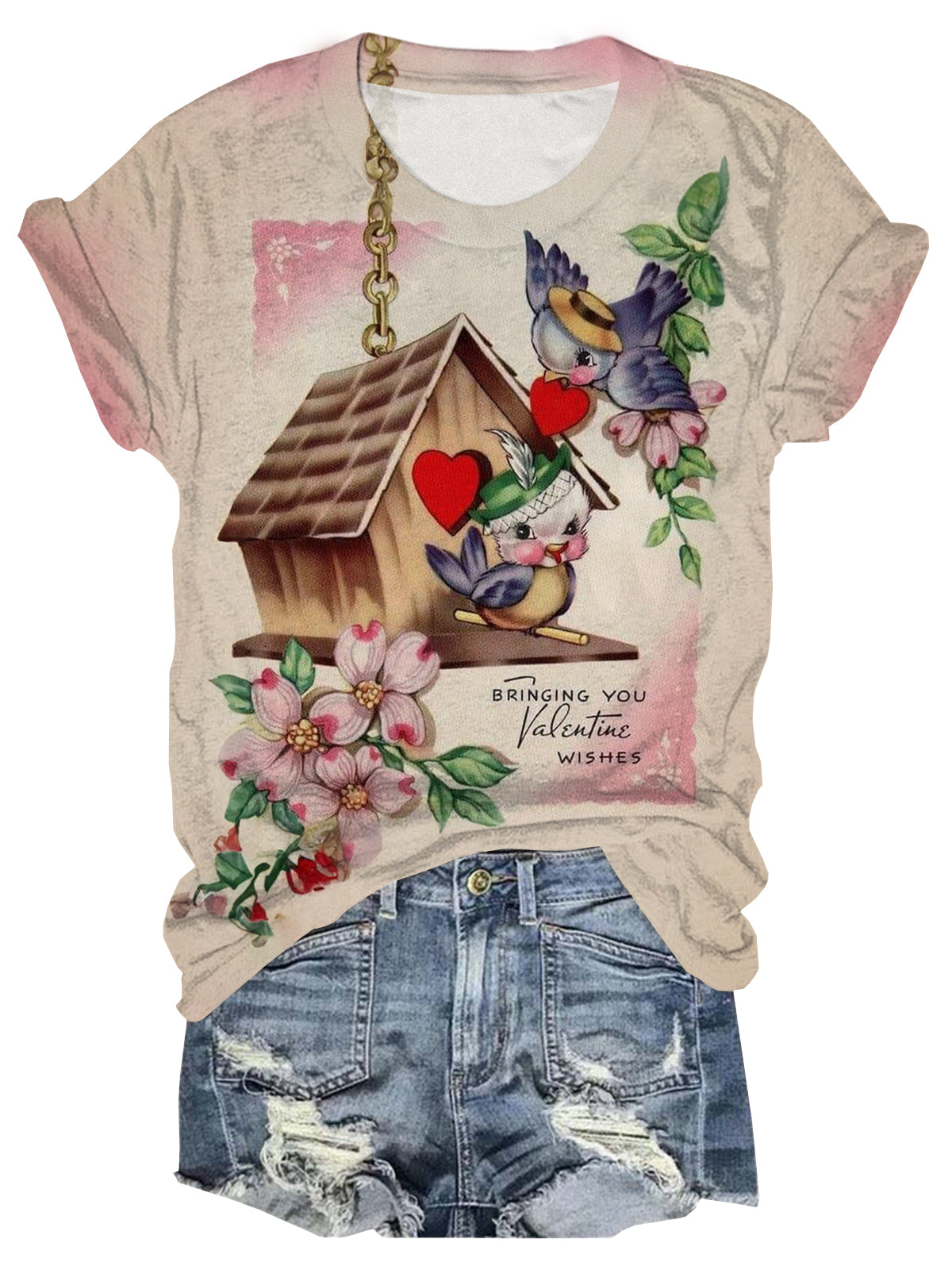Vintage Retro Cartoon Love Birds Crew Neck T-Shirt