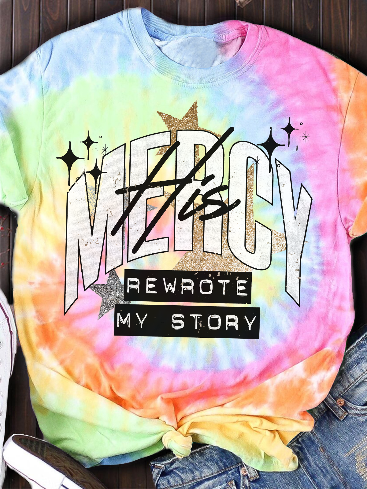 Jesus His Mercy Rewrote My Story Tie Dye Shirt