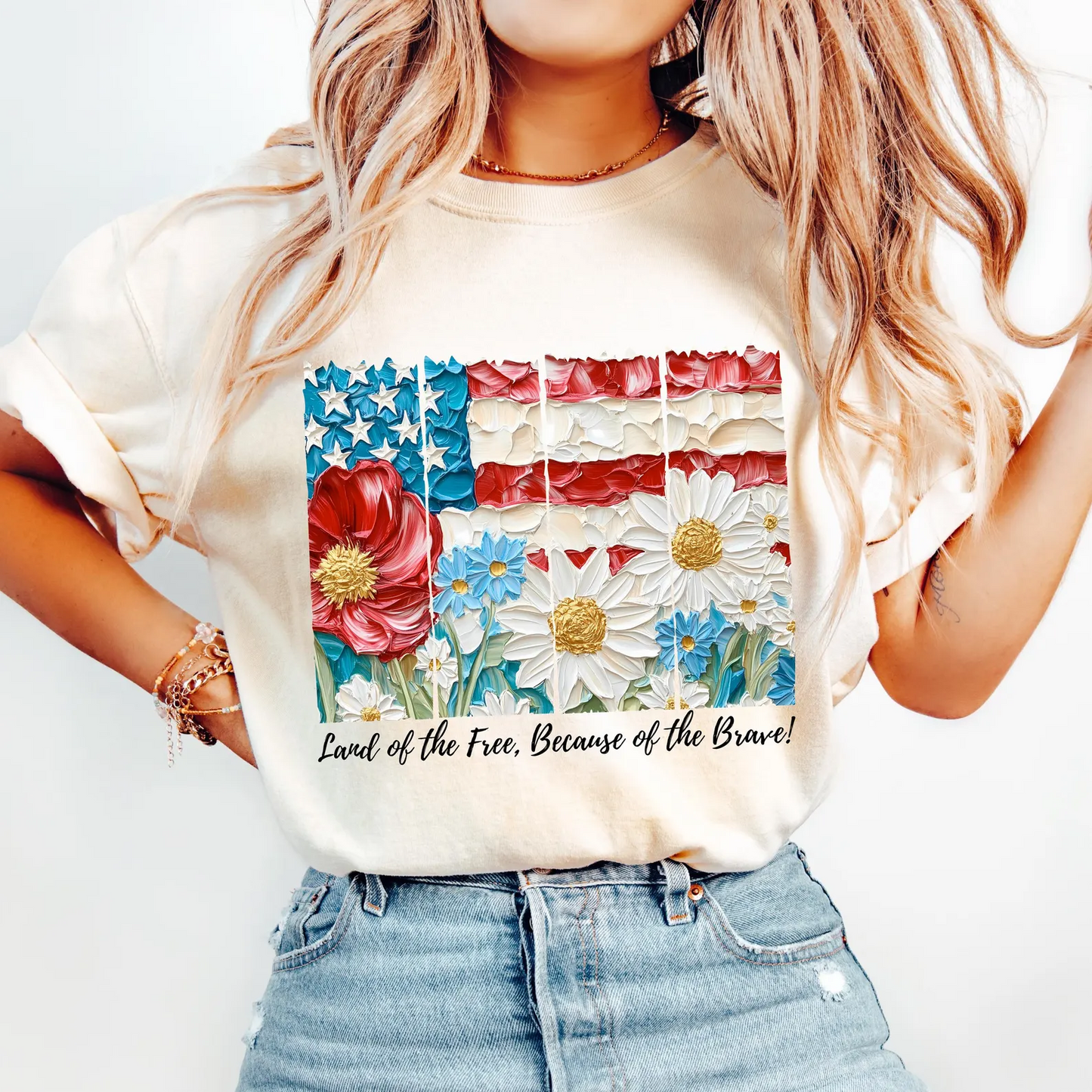 Land of The Free Because of The Brave Floral Patriotic Tee