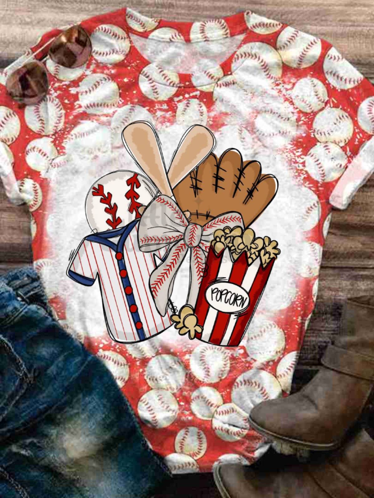 Women's Baseball Fan Pattern Print Crew Neck T-shirt