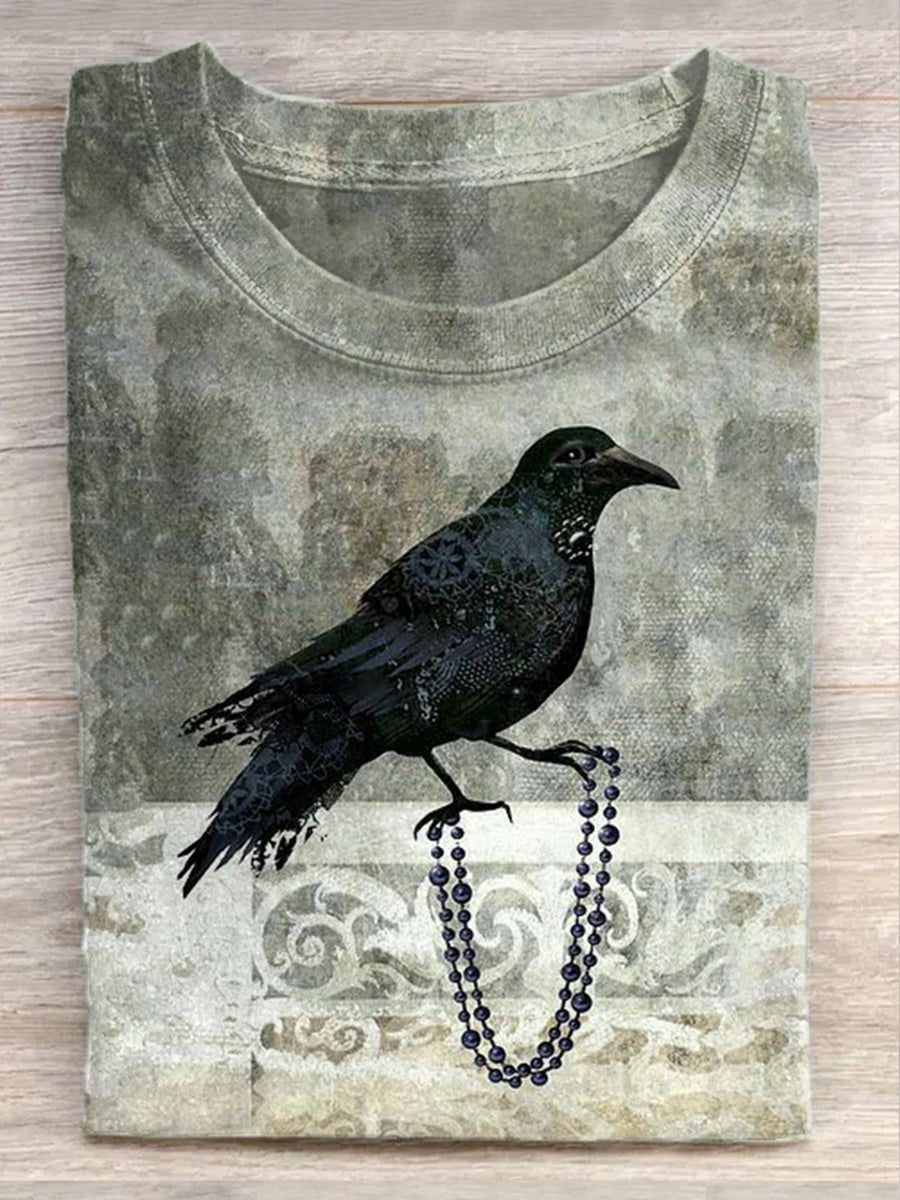 Retro Crow Collage Pattern Illustration Casual Cotton T-Shirt
