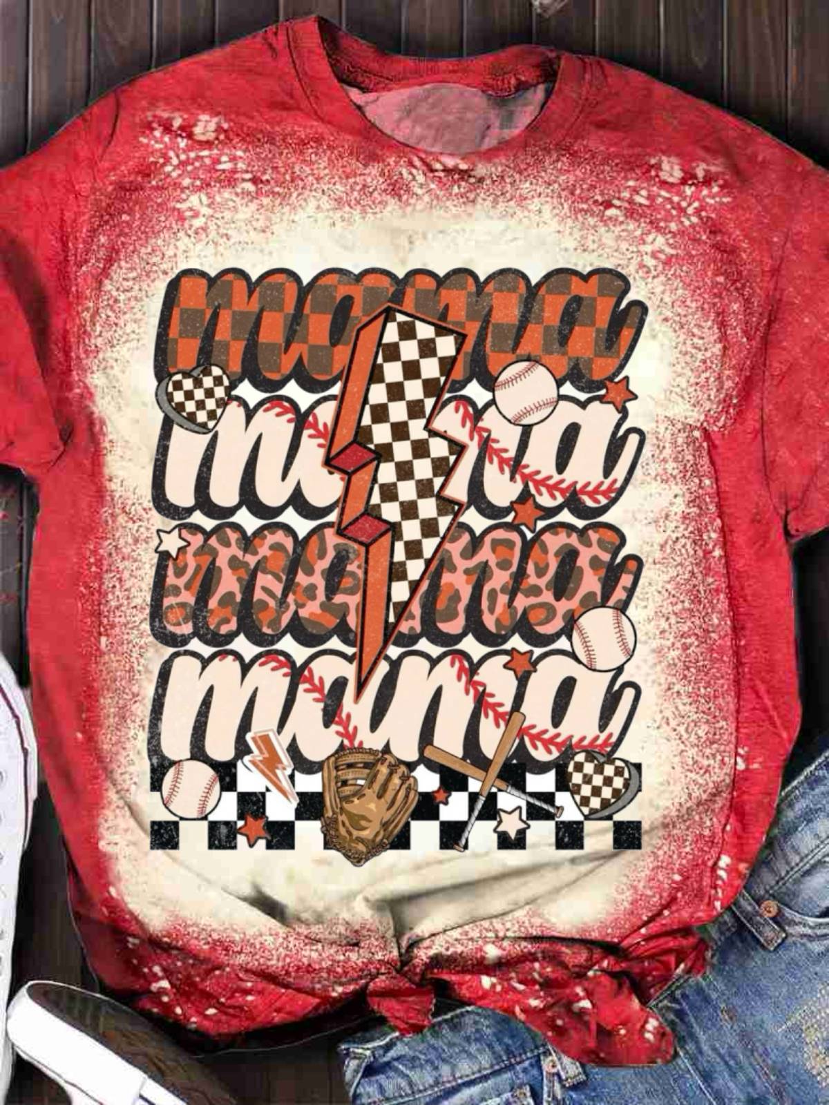 Women's Baseball Mama Print Crew Neck T-shirt