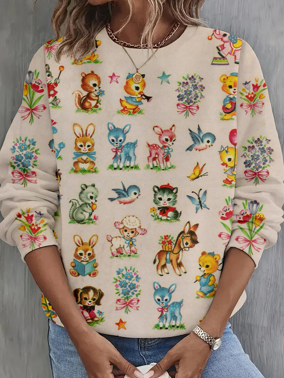 Women's Baby animals Vintage Long Sleeve Casual Top