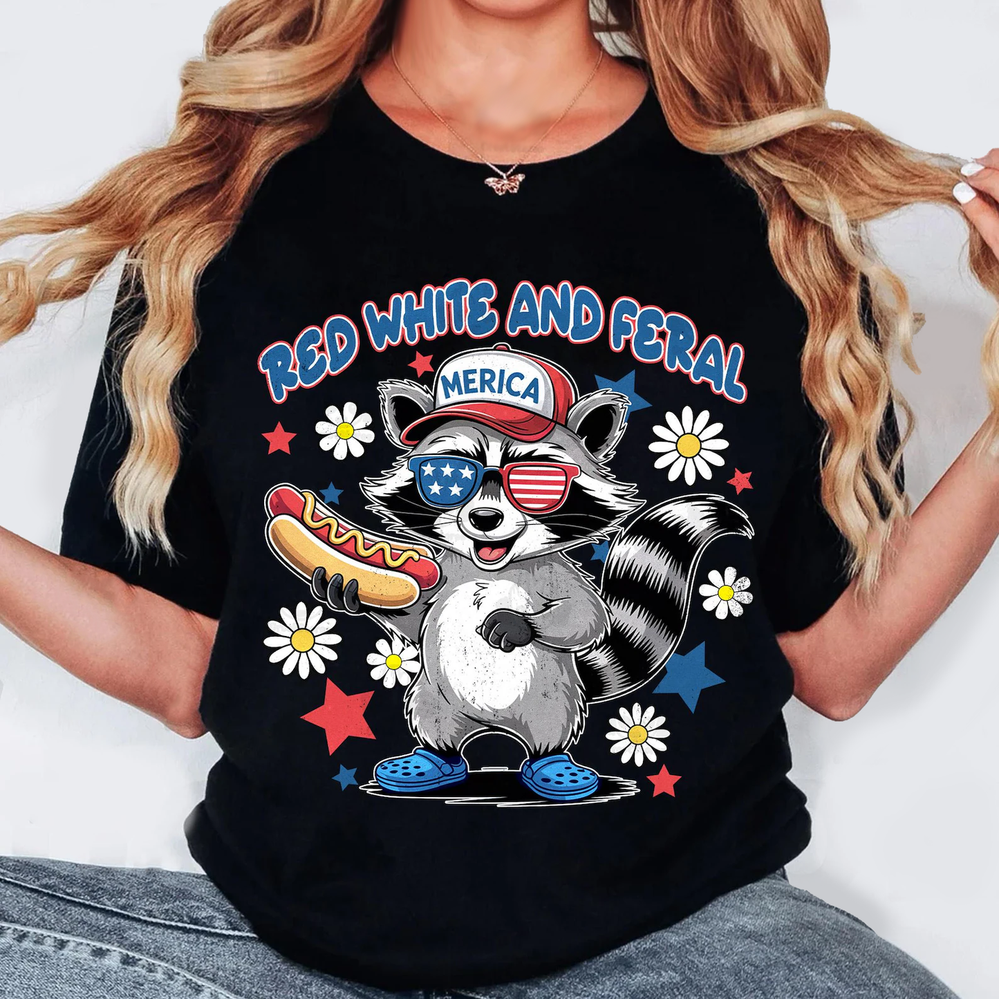 Red White And Feral Funny Raccoon Hot Dog Shirt