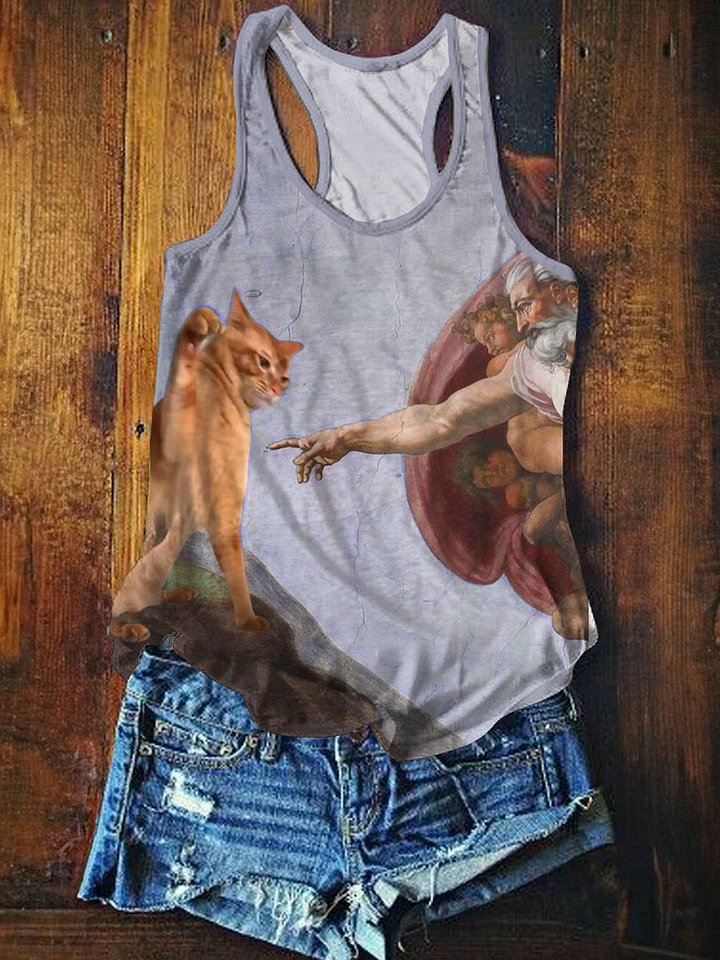 Funny Cat Art Print Casual Tank Top