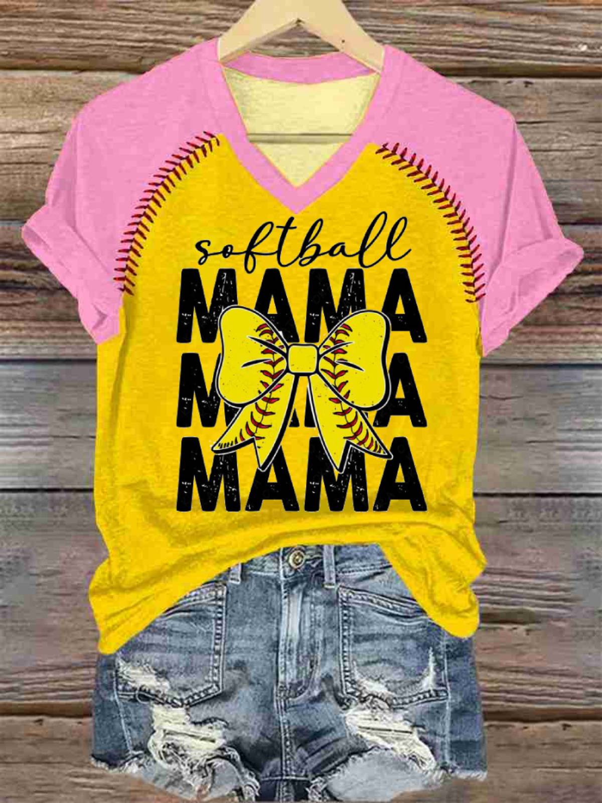Women's Softball Mama Print V-Neck T-shirt
