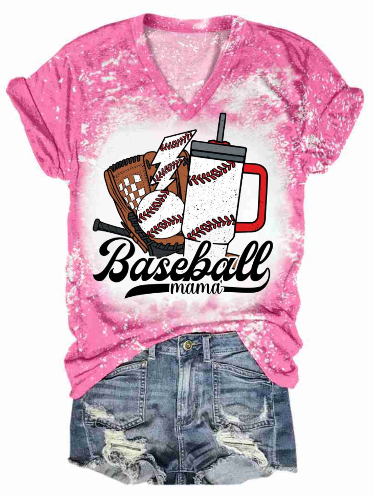 Women's Baseball Mama Print V-Neck T-shirt