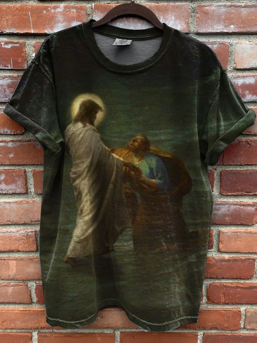Vintage Religious Print Casual T-shirt