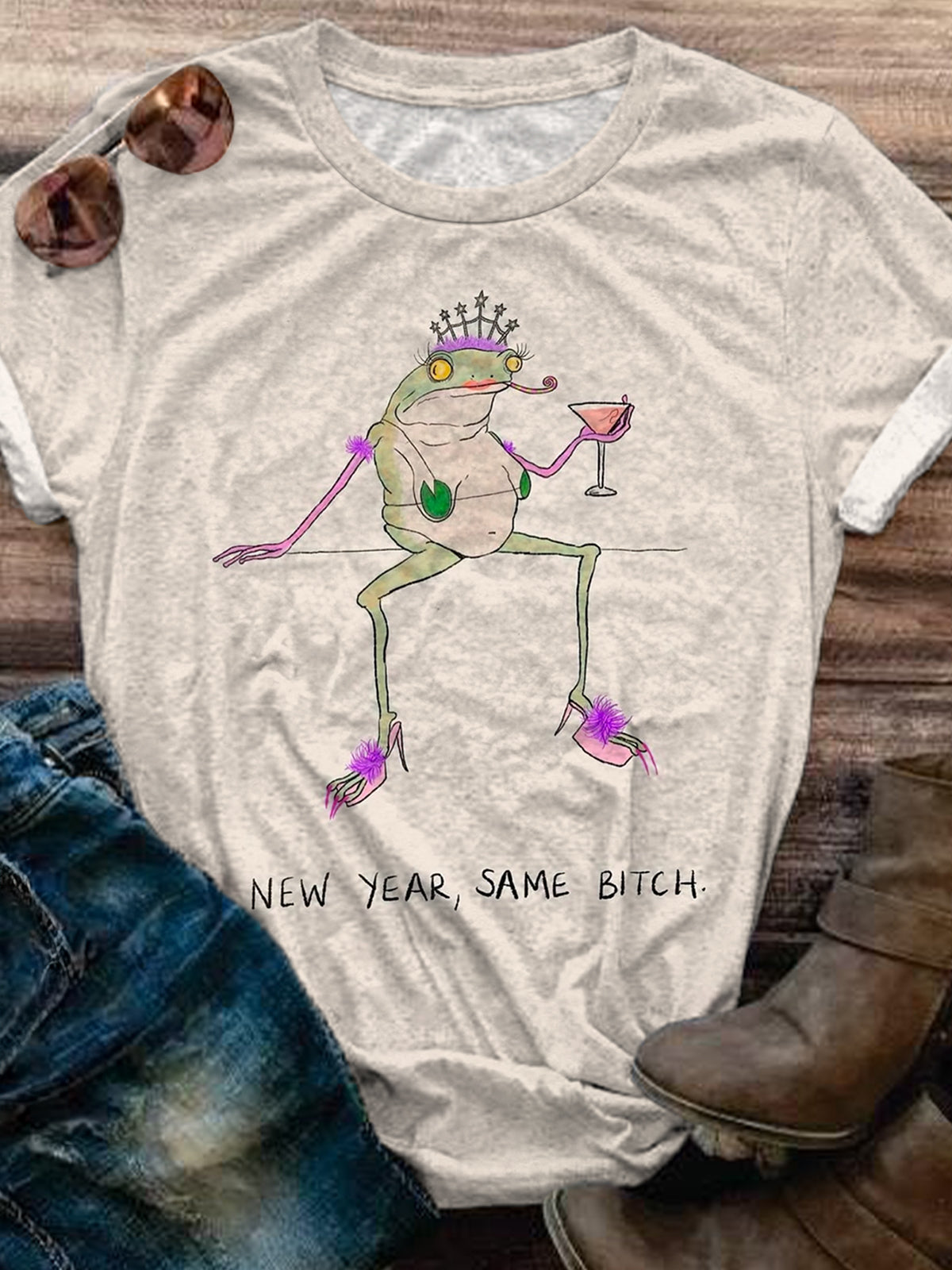 Women's Retro Funny Print Casual Crew Neck T-shirt