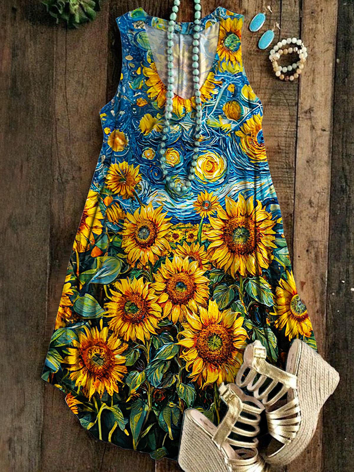 Summer Sunflower Print Sleeveless V Neck Dress