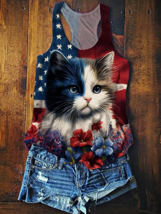 American Flag Floral Cat Print Casual Tank Top