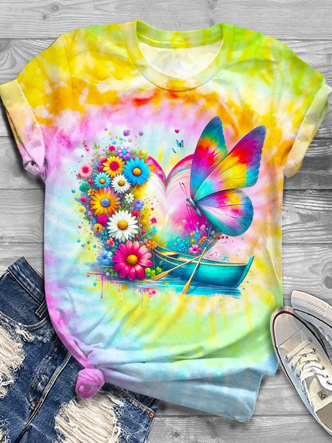 Tie-Dye Flowers And Butterfly Print Crew Neck T-shirt