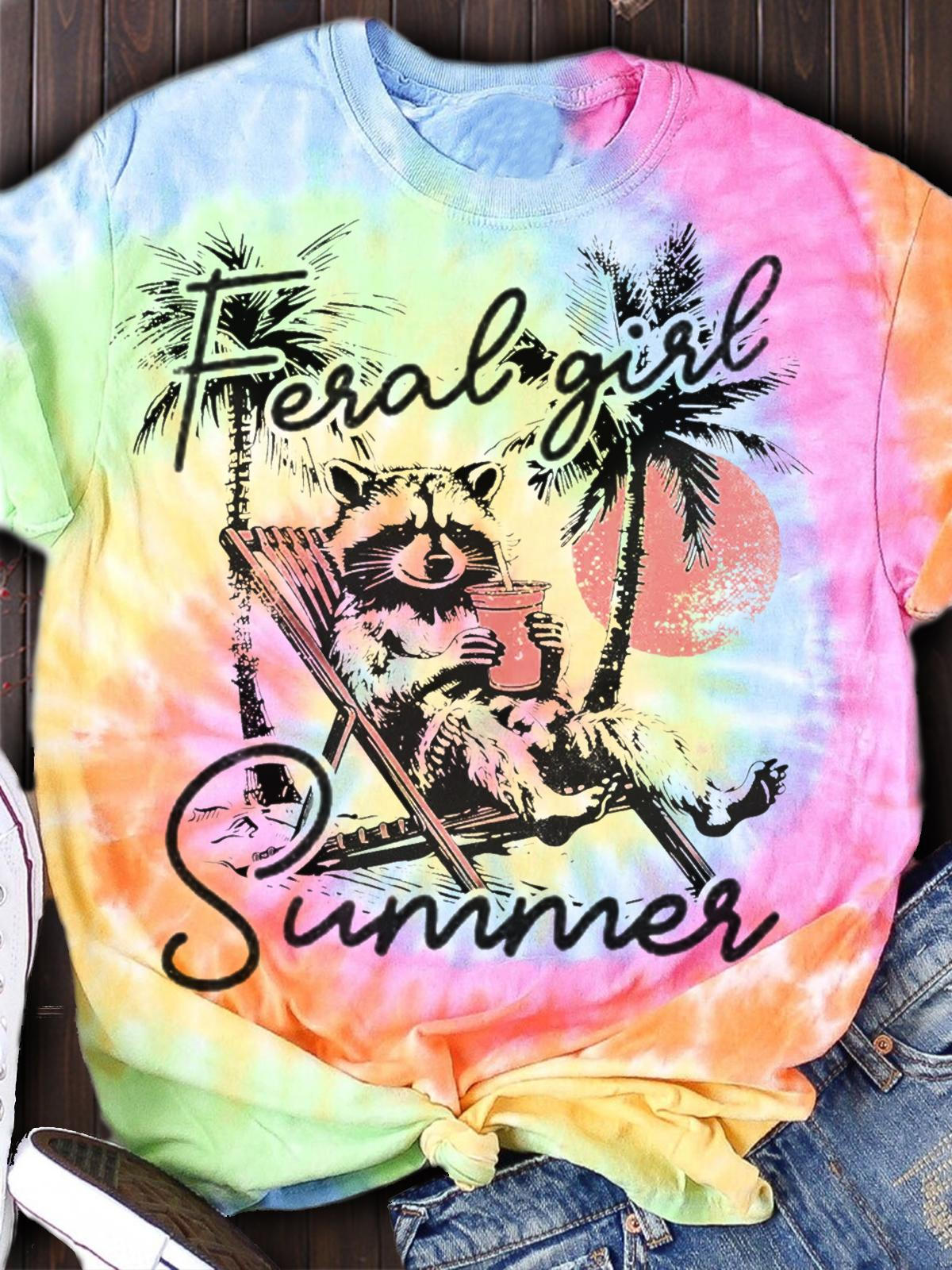 Summer Raccoon Print Crew Neck T-shirt