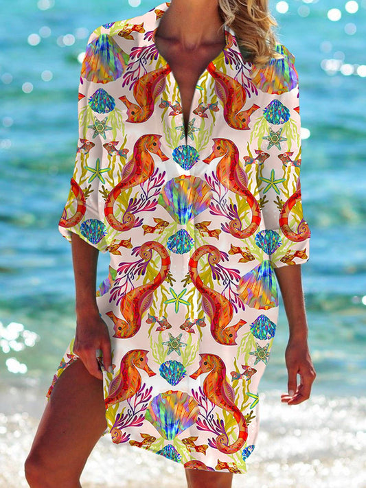 Seahorse Shell Long Sleeve Beach Shirt Dress