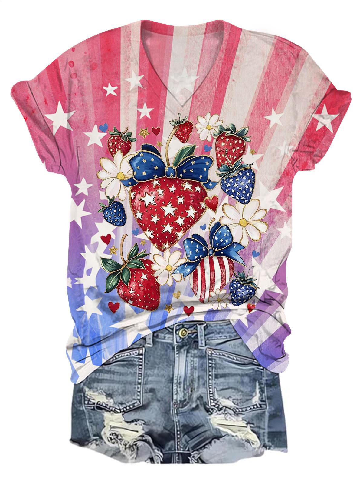 Boho 4th of July Strawberry V-neck T-Shirt