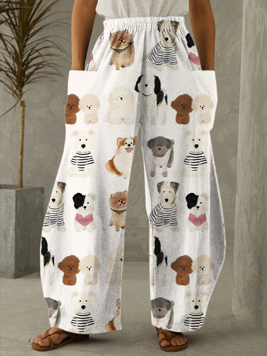 Cute Fluffy Puppies Print Casual Pants