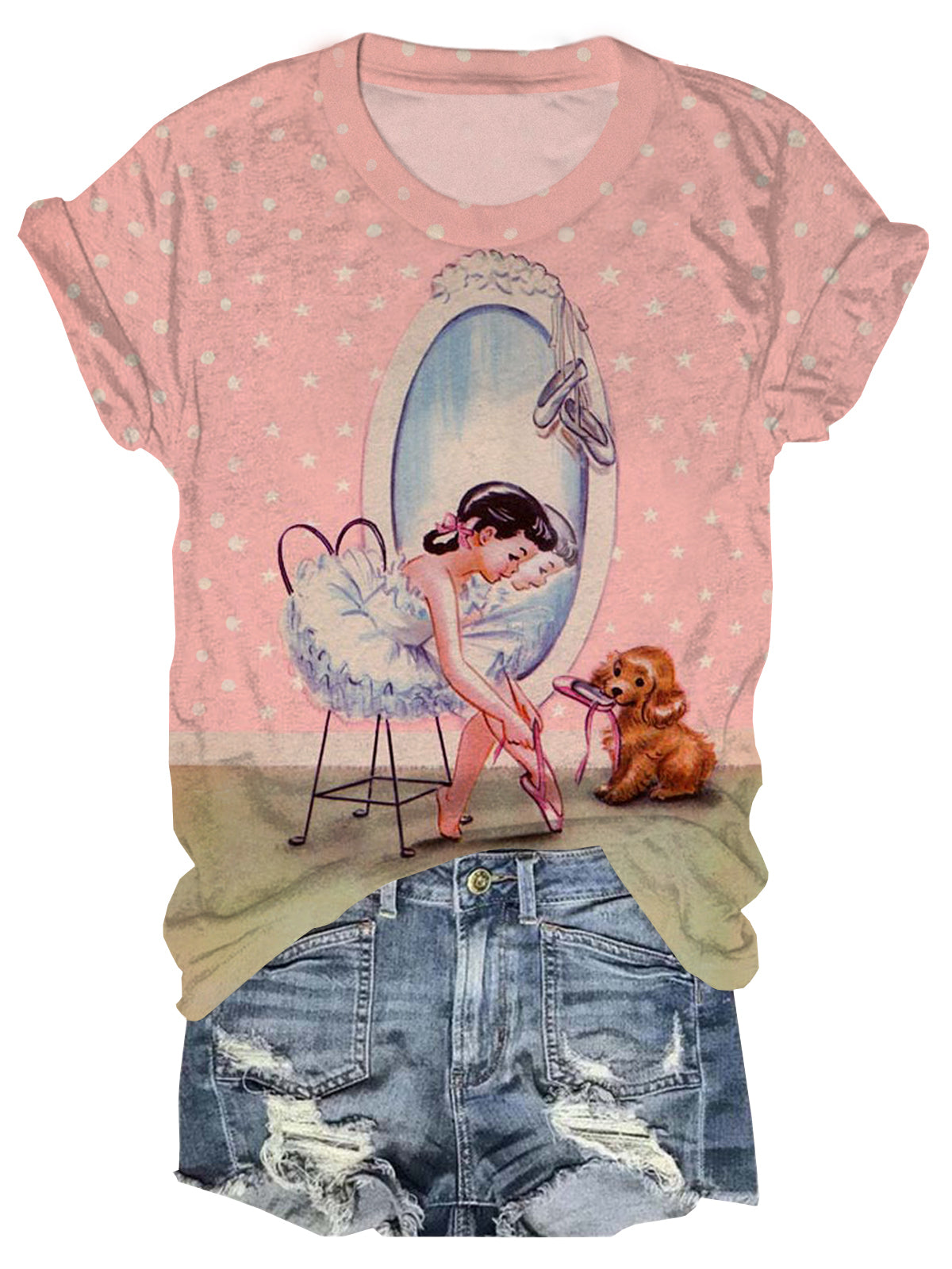 Vintage Little Ballerina And Her Puppy Crew Neck T-shirt