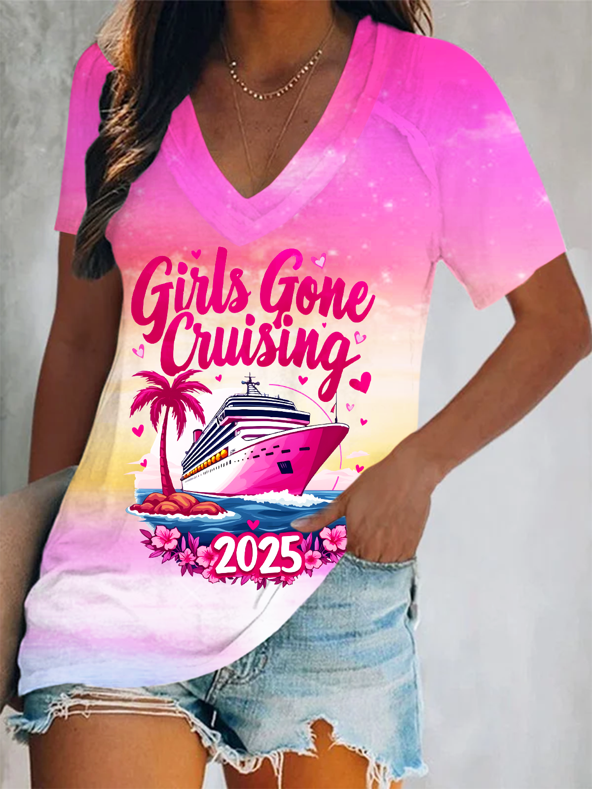 Girls Gone Cruising 2025 Short Sleeve V Neck Print Top