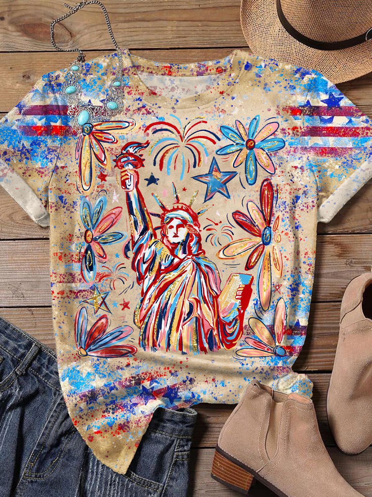 Statue Of Liberty Bohemian Print Crew Neck T-shirt