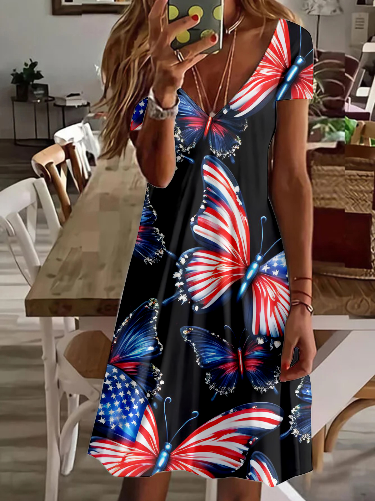 Independence Day Glitter Sequin Butterfly Art V Neck Short Sleeve Dress