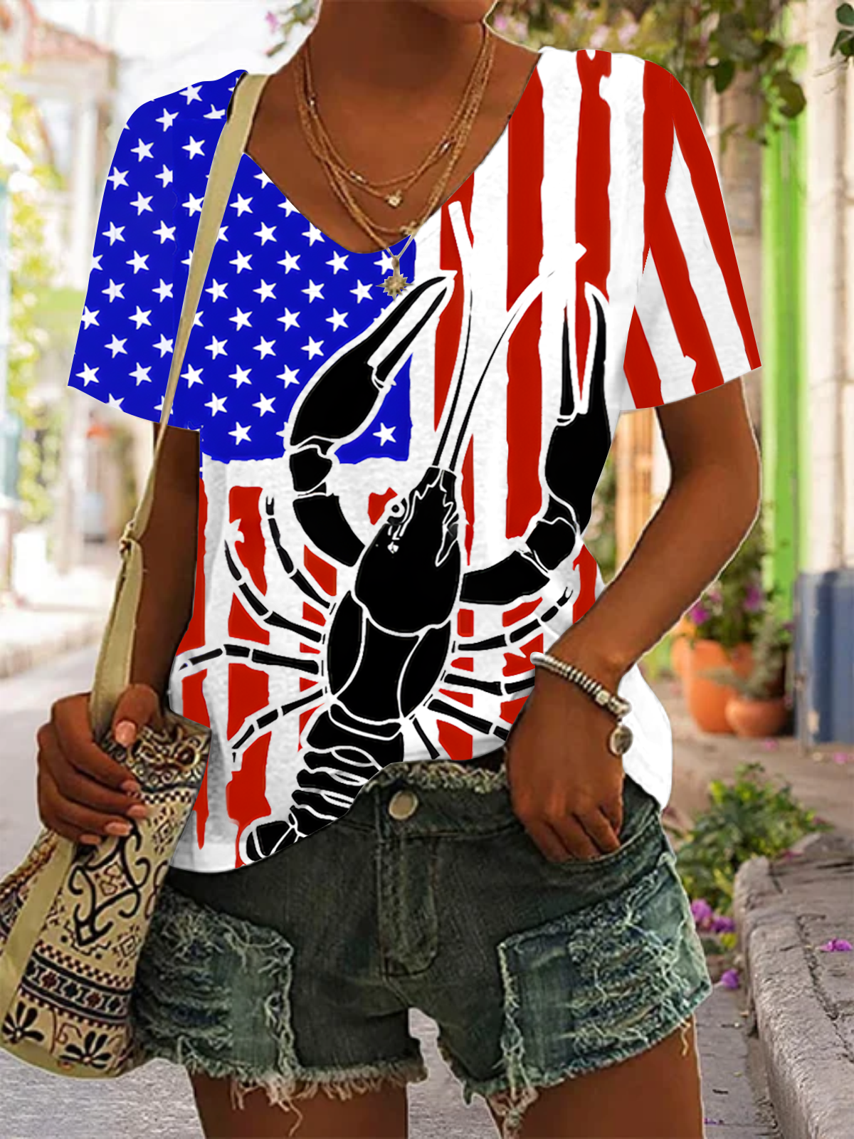 CrawFish Flag Distressted V-neck T-Shirt