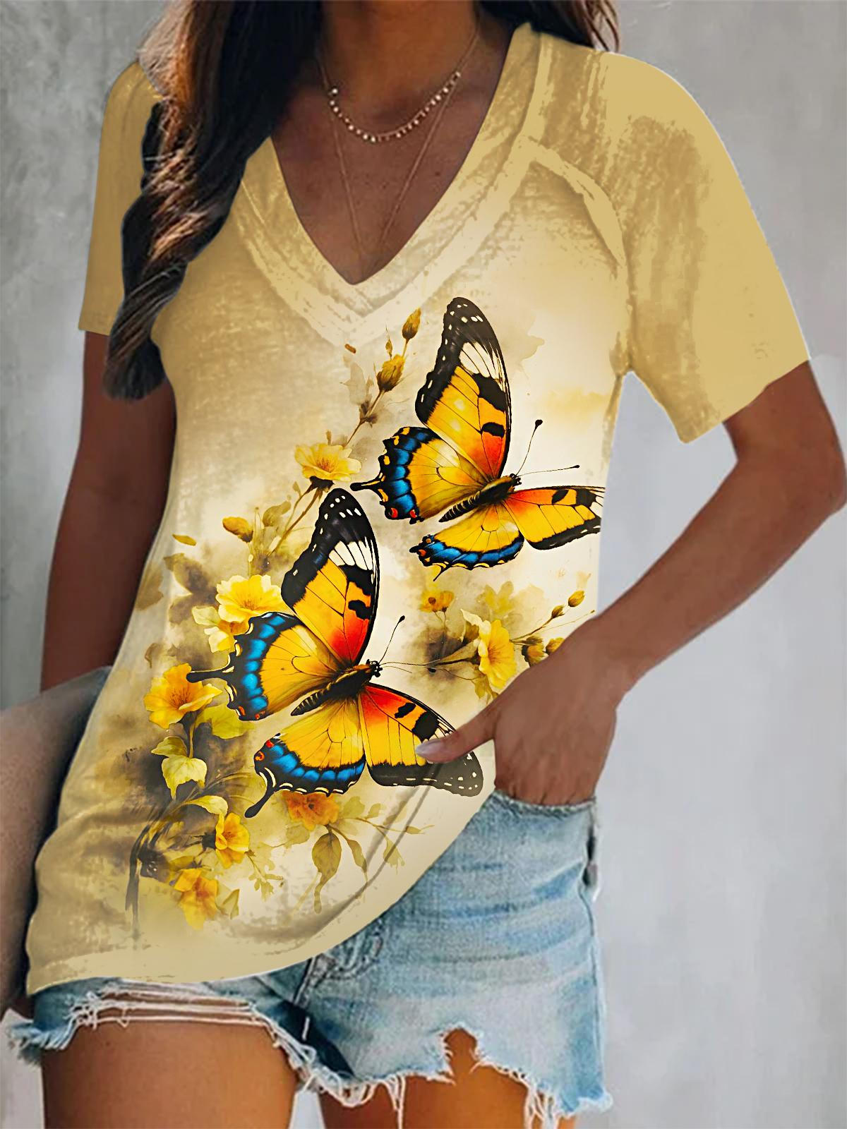 Spring And Summer Retro Butterfly Print Short Sleeve V Neck Print Top