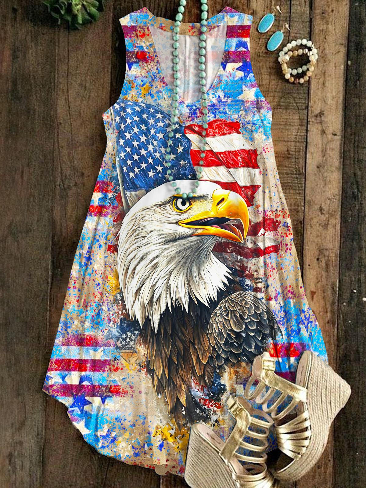 Star Spangled Banner Vintage Eagle Sleeveless V Neck Dress