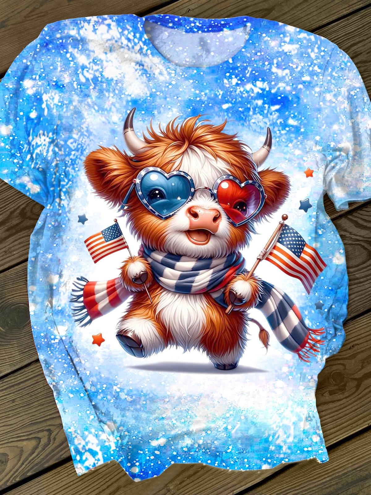 Independence Day Highland Cow Crew Neck T-shirt