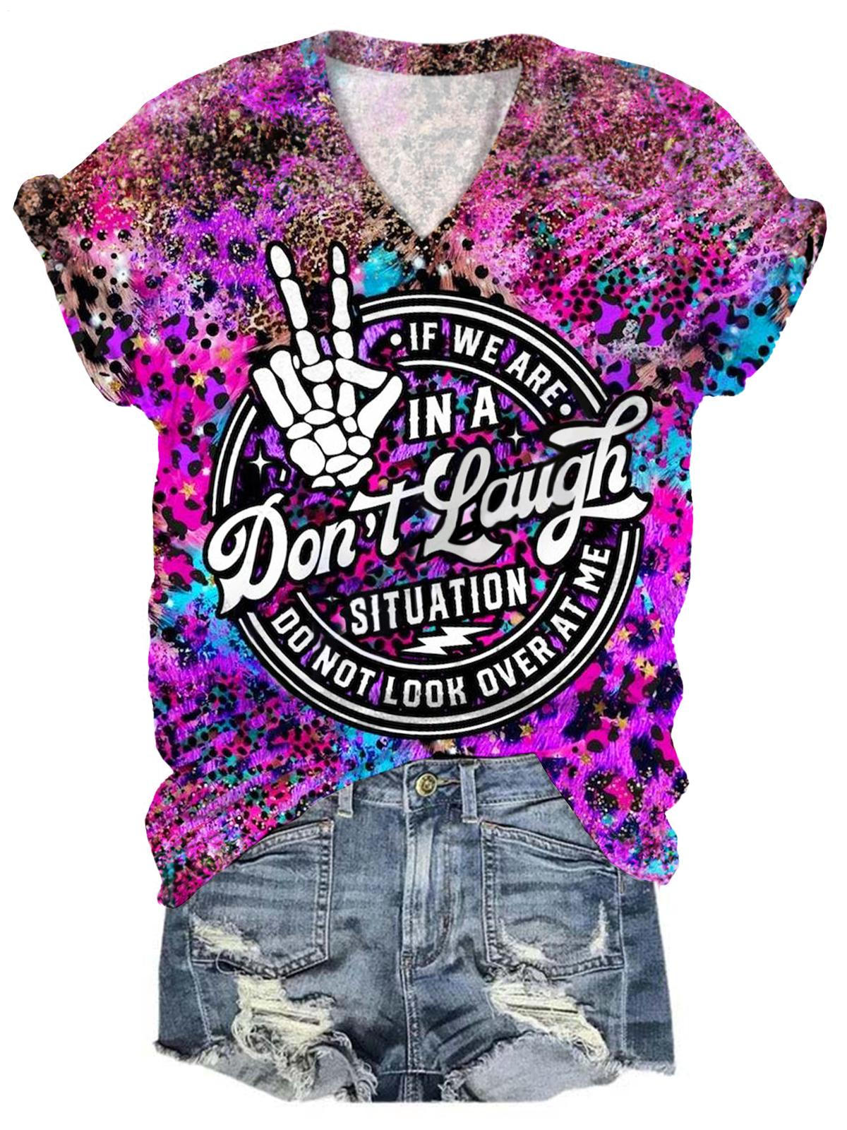 Don't Laught Situation Leopard V-Neck T-Shirt