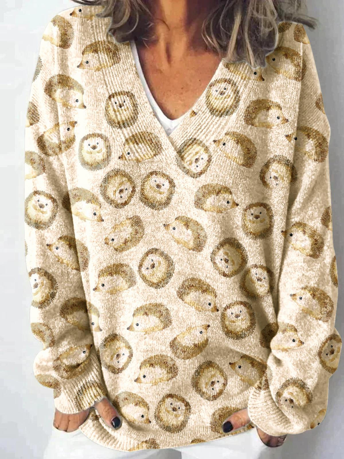 Women's Autumn Hedgehog Print V-neck Casual Sweater