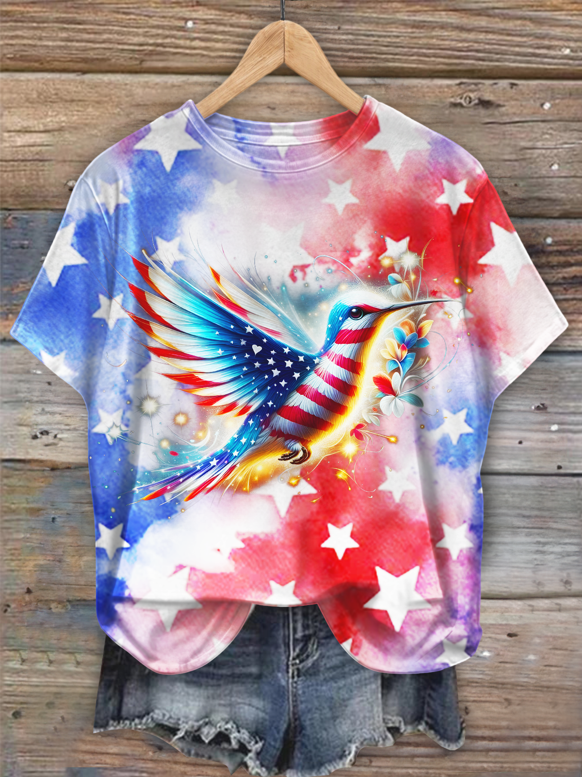 Independence 4th Of July American Flag Hummingbird Crew Neck T-shirt