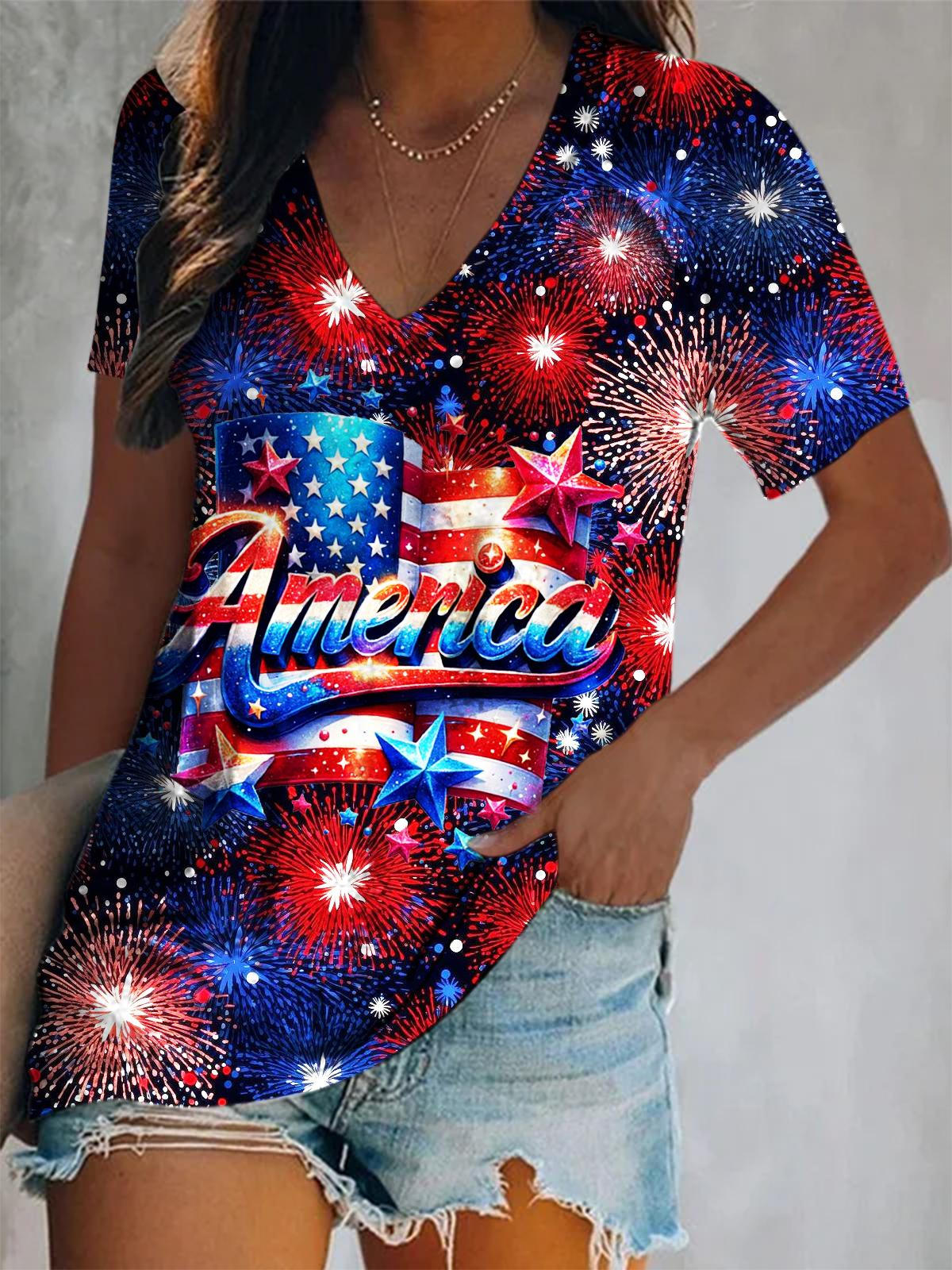 Fireworks Retro Independence Day Print Short Sleeve V Neck Print Top