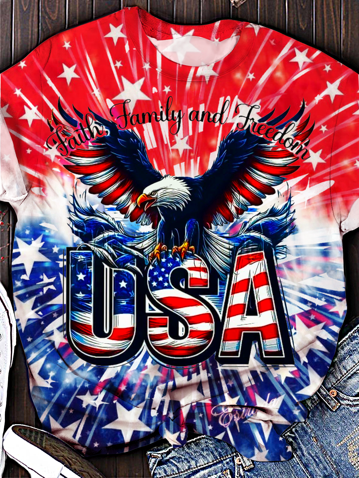 Star Stripe Eagle USA Flag Crew Neck T-shirt
