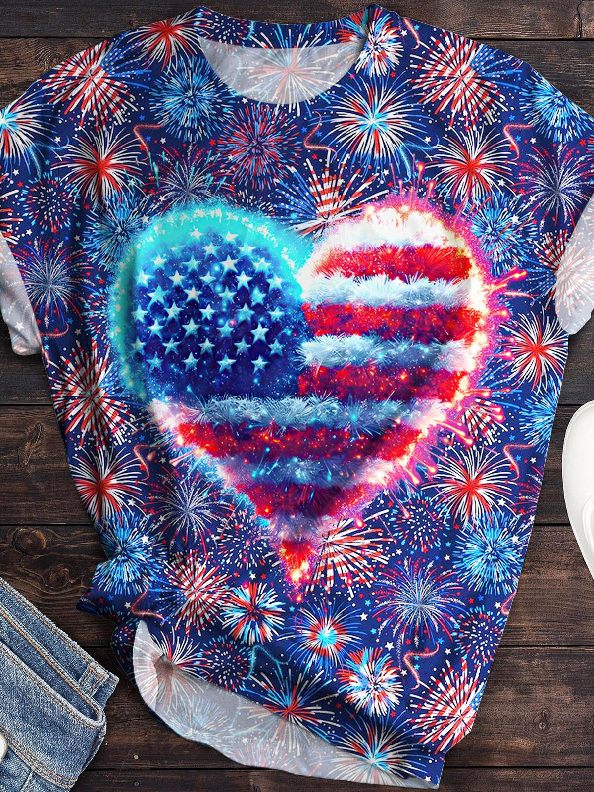 Flag Heart Printed Crew Neck T-shirt