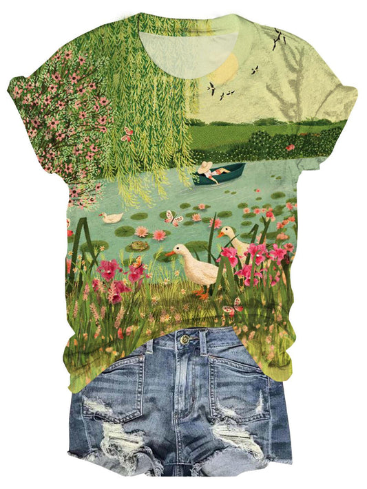 Vintage Flower Duck Lake Crew Neck T-shirt