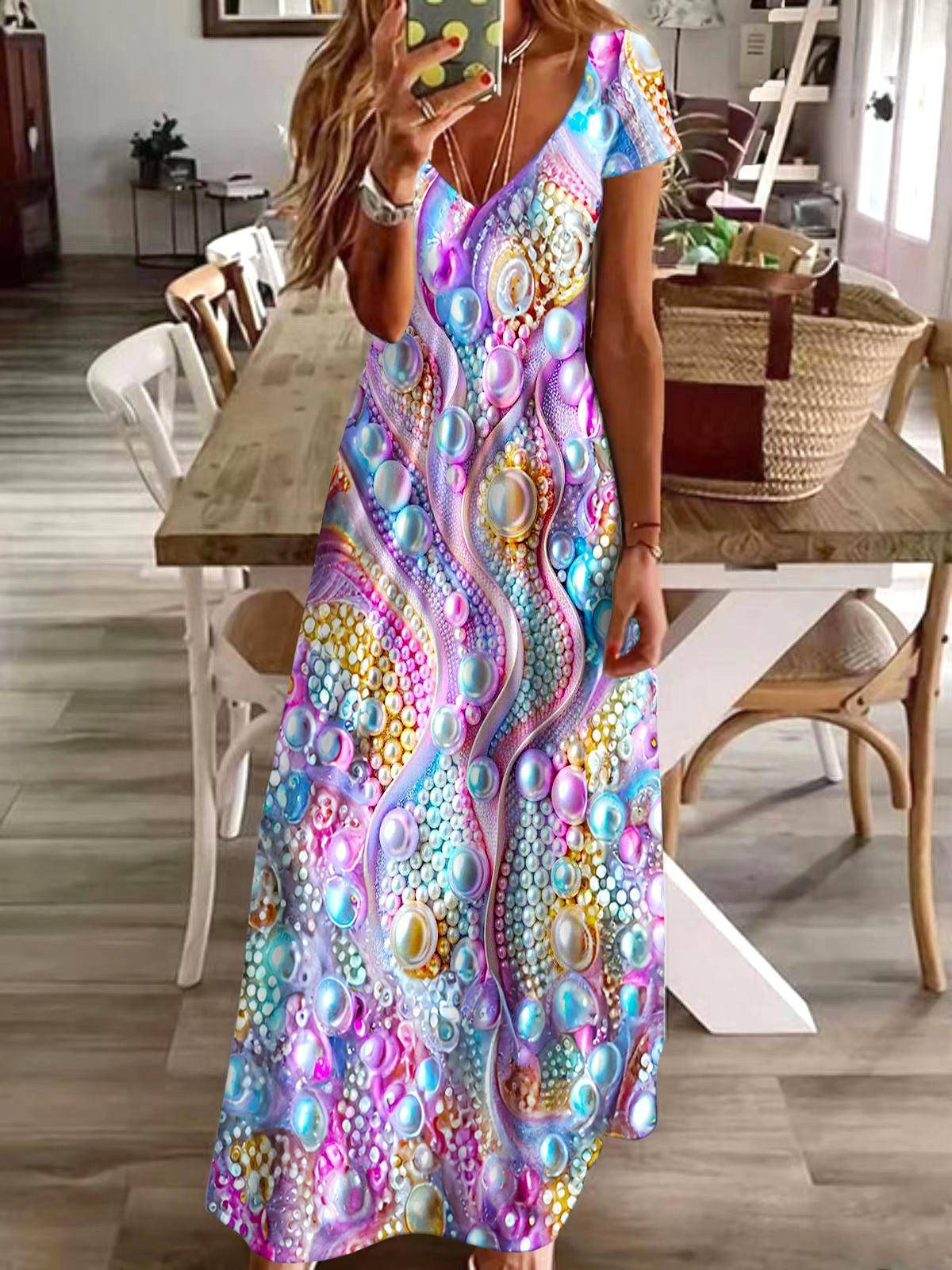 Ocean Pearl Print V Neck Short Sleeve Dress