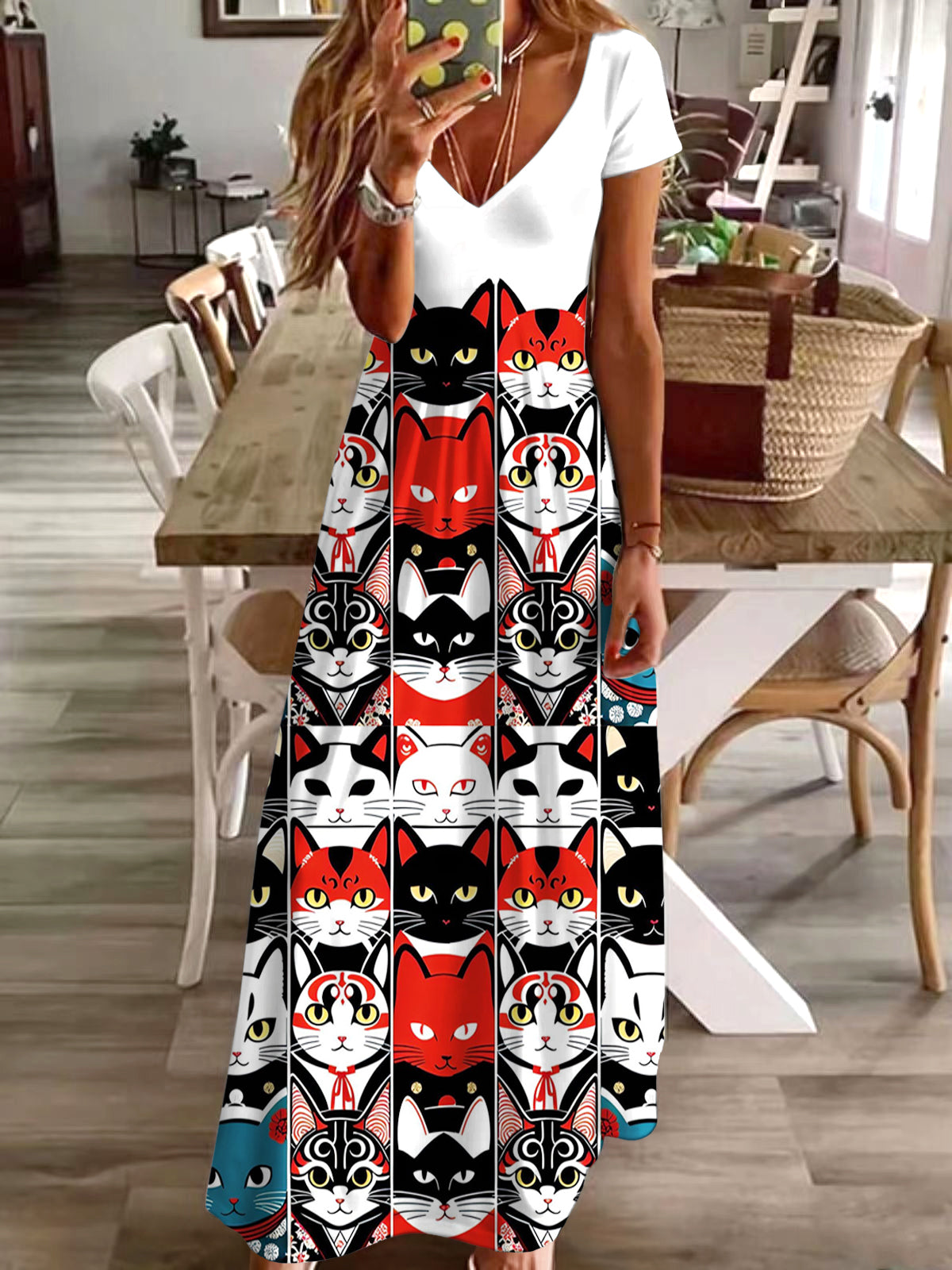 Cute Cat Print Short Sleeve V Neck Maxi Dress