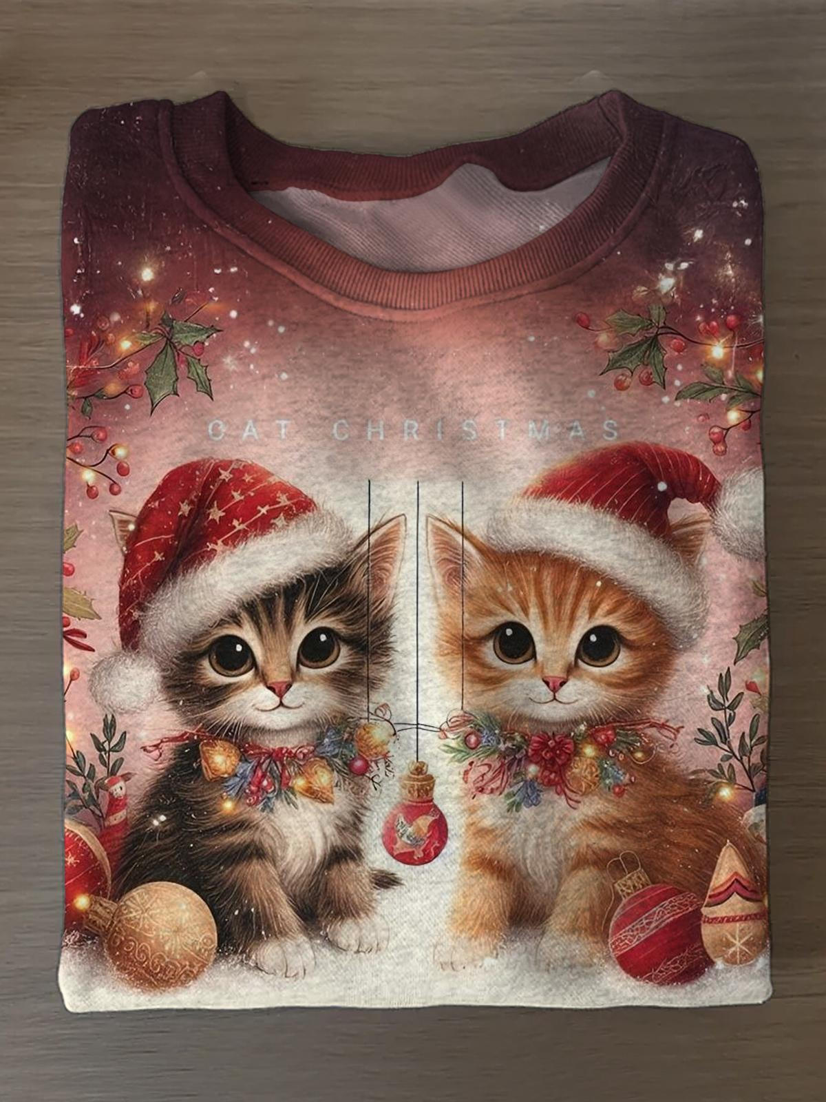 Lässiges Langarm-Oberteil mit Katzen-Weihnachtsdruck