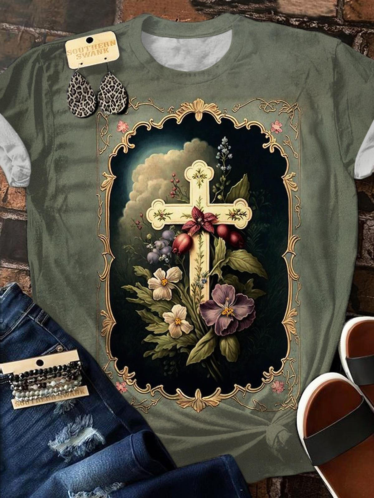 Vintage Floral Cross Faith Crew Neck T-shirt