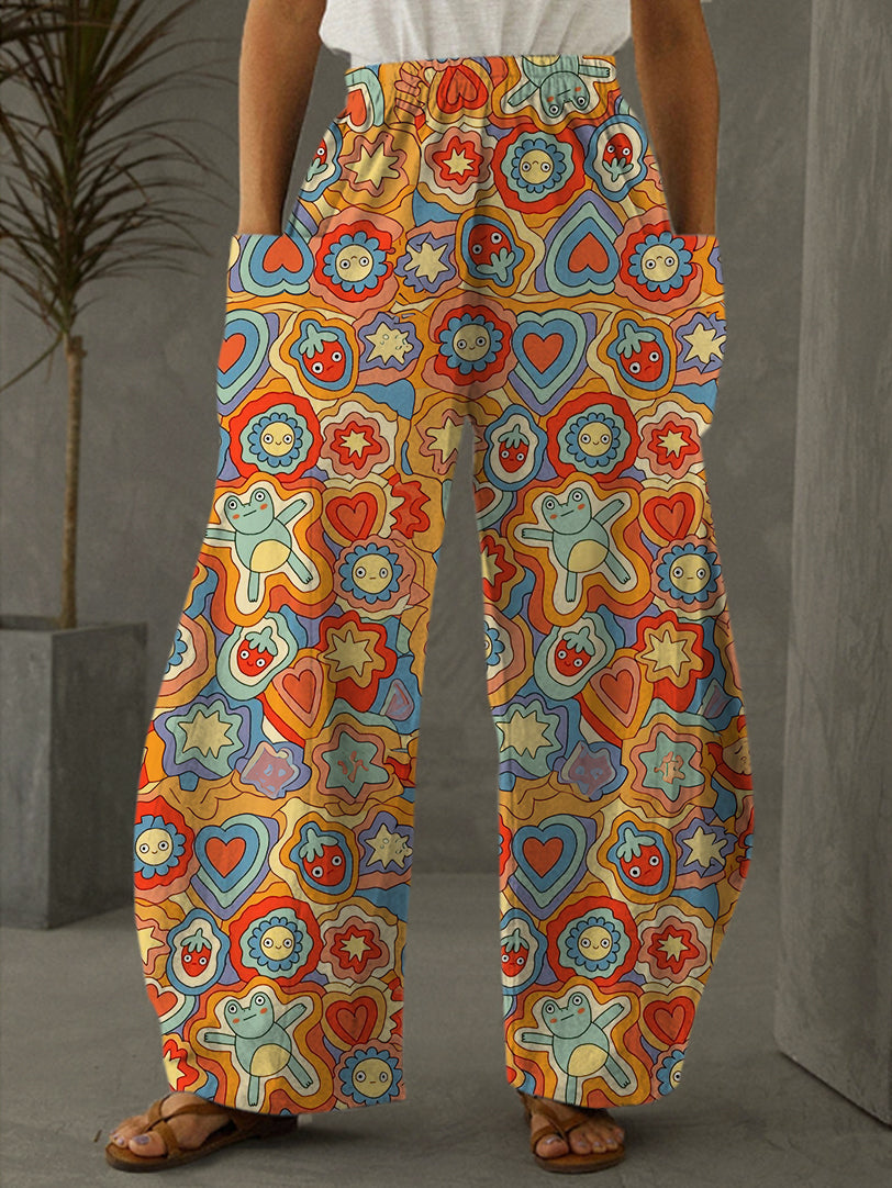 Cute Frog Strawberry Print Casual Pants