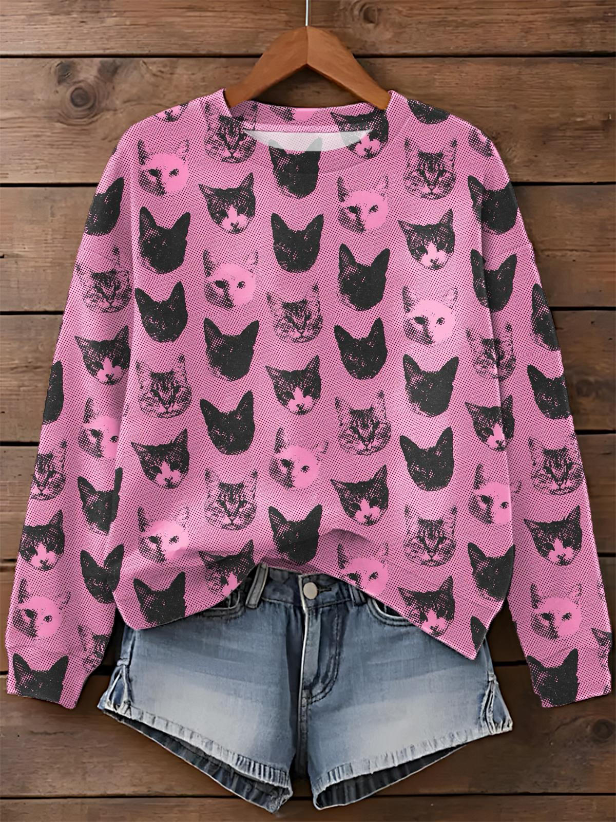 Cute Cat Print Long Sleeve Casual Top