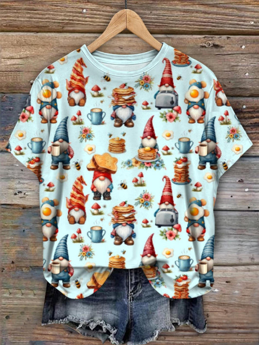 Breakfast Gnomes Print Crew Neck T-shirt